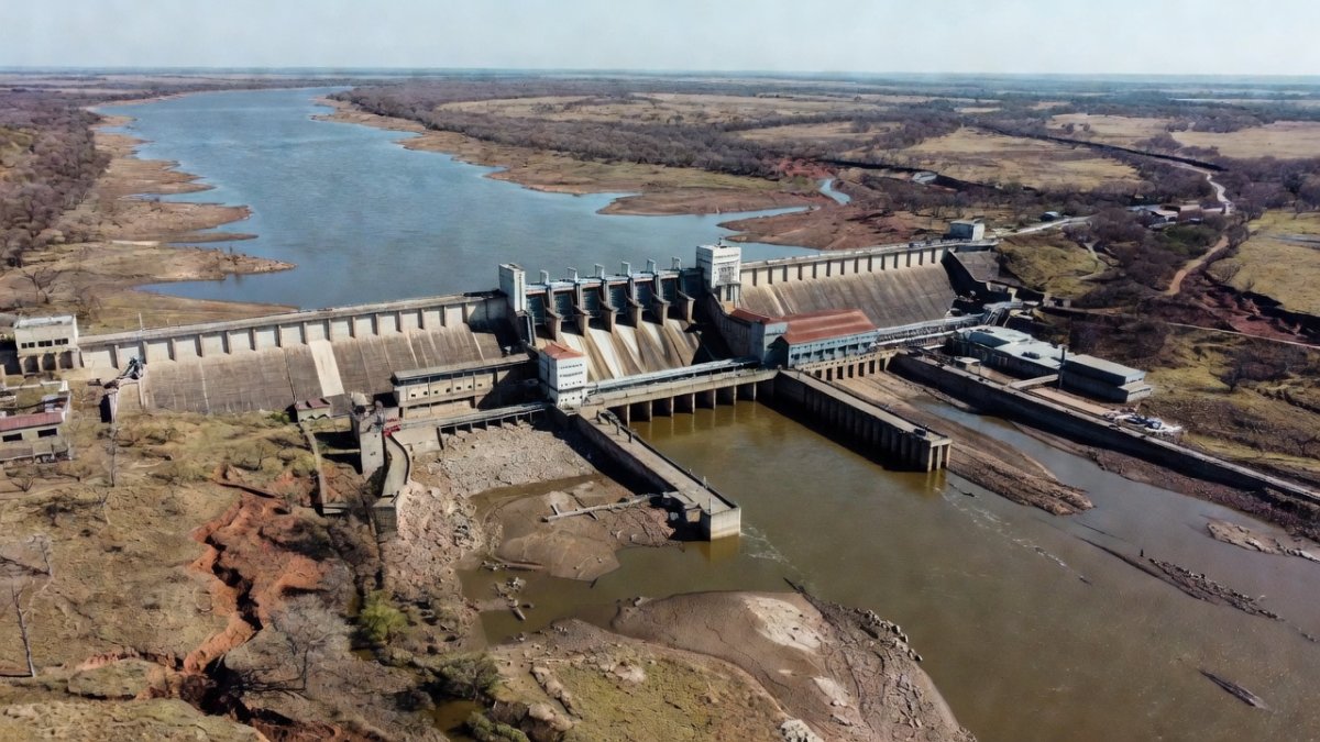 Aerial view of the Yacyretá Dam on the Paraná River between Argentina and Paraguay showing hydroelectric infrastructure