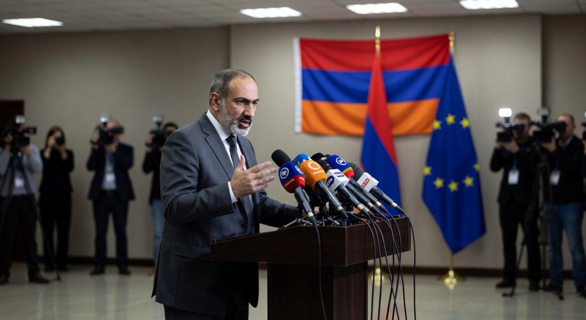 Prime Minister Nikol Pashinyan speaking to media in Yerevan during the election campaign