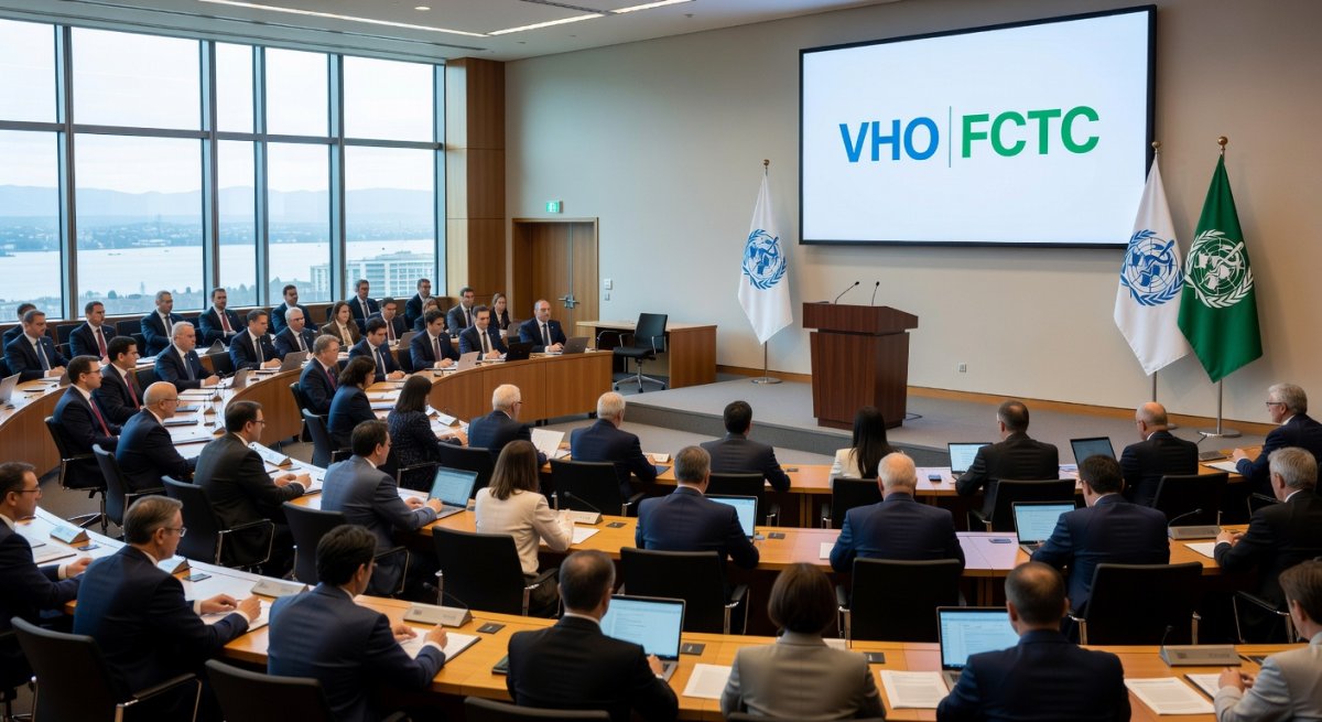 International conference setting with WHO and FCTC branding, delegates at COP11 Geneva 2025