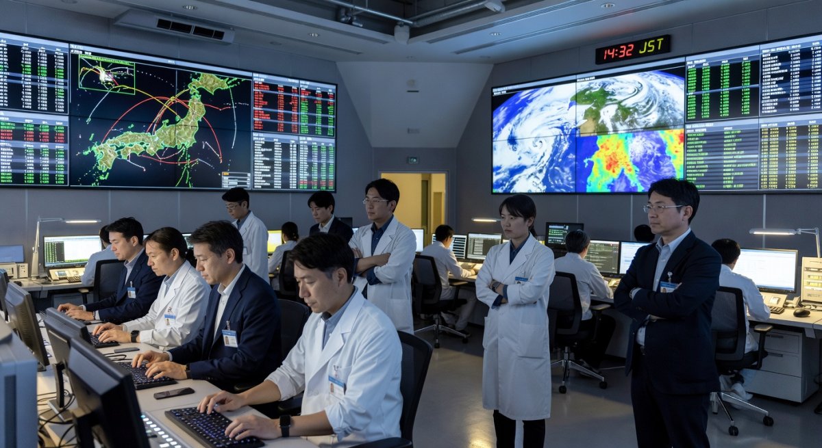 Japanese scientists and engineers monitoring Earth observation data at a satellite control center in Tokyo