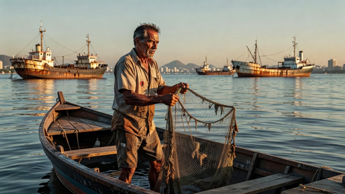 Brazilian artisanal fisherman on Guanabara Bay, where mercury contamination threatens both health and livelihoods