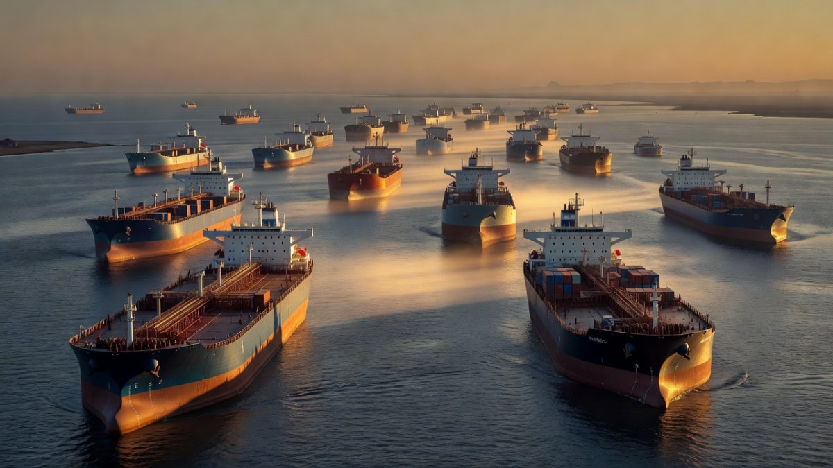 Oil tankers and cargo ships anchored in the Strait of Hormuz, a vital global energy shipping route