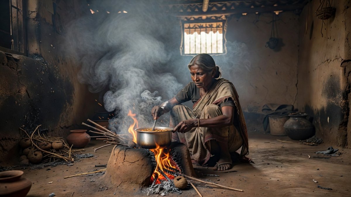 Traditional biomass chulha cooking fire in rural Indian kitchen