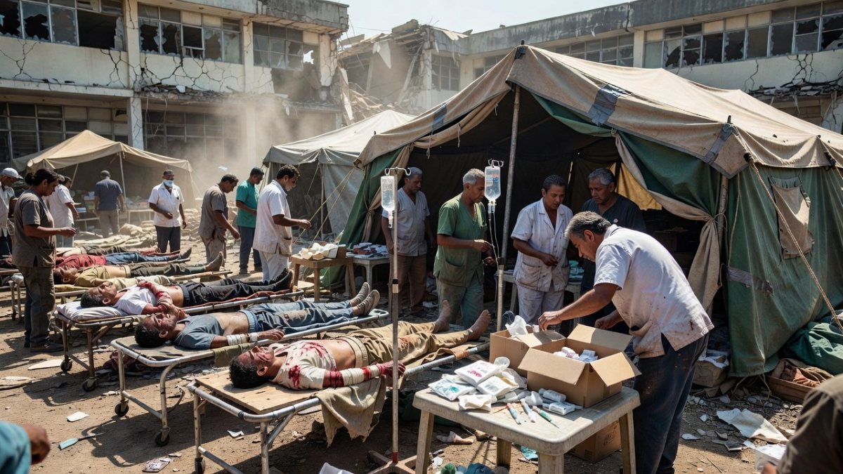 Emergency triage tent outside damaged hospital in Venezuela with doctors treating earthquake victims