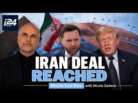 President Donald Trump and Vice President JD Vance shaking hands with Iranian Parliament Speaker Mohammad Bagher Ghalibaf at the MOU signing