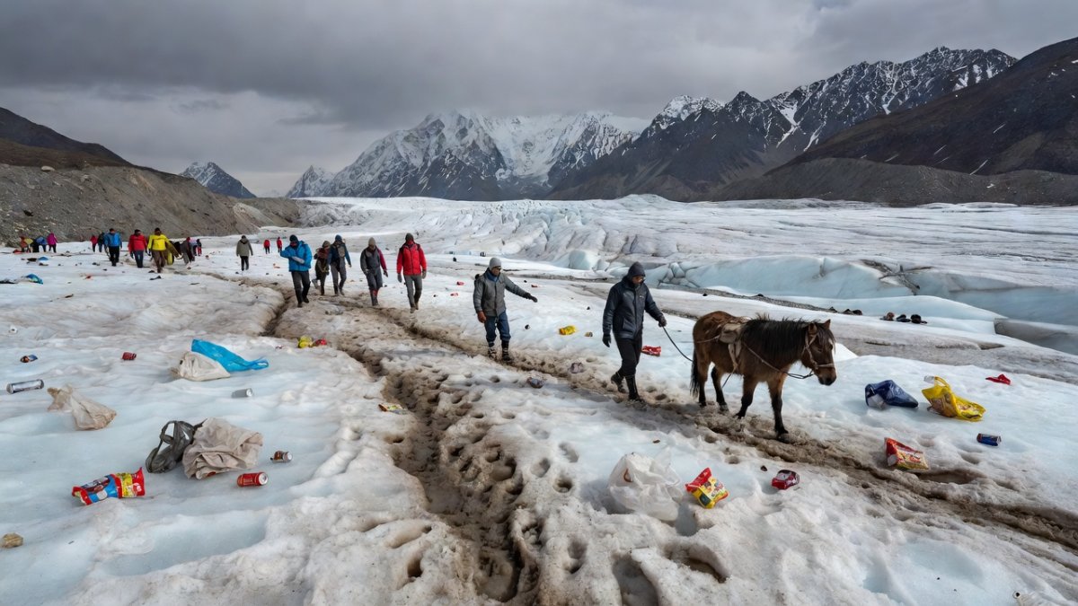 Tourist activity and waste accumulation visible along trails leading to the Thajiwas Glacier site