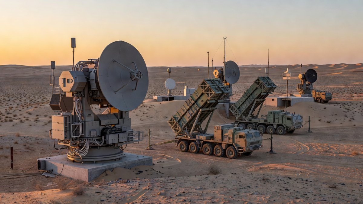 Iranian air defense radar and missile battery systems in desert landscape