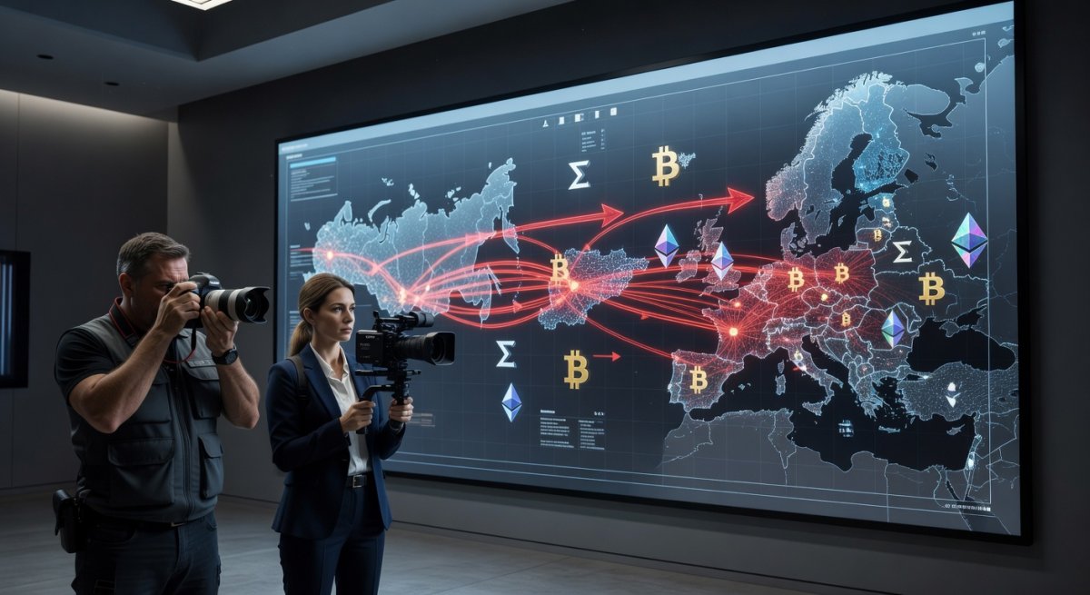 Digital blockchain visualization showing financial connections between Russia, Kyrgyzstan and Europe