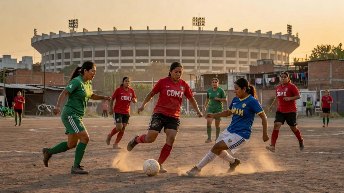 Women playing soccer on a neighborhood field in Mexico City with Estadio Azteca silhouette in background