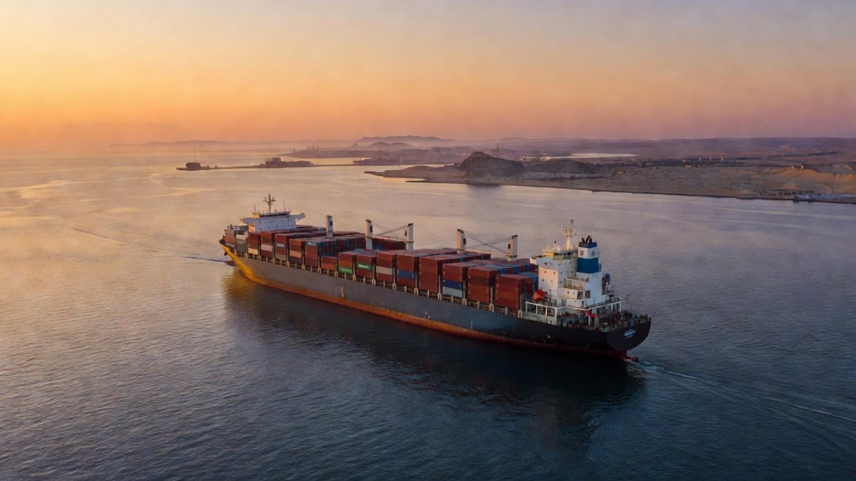 A cargo ship passes through the Strait of Hormuz at sunset, a vital maritime chokepoint for global oil supplies
