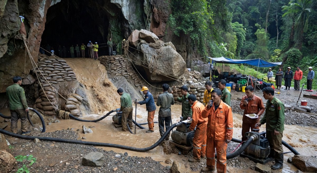 Rescuers work to drain flooded Laos cave to free 5 villagers and search for 2 still missing