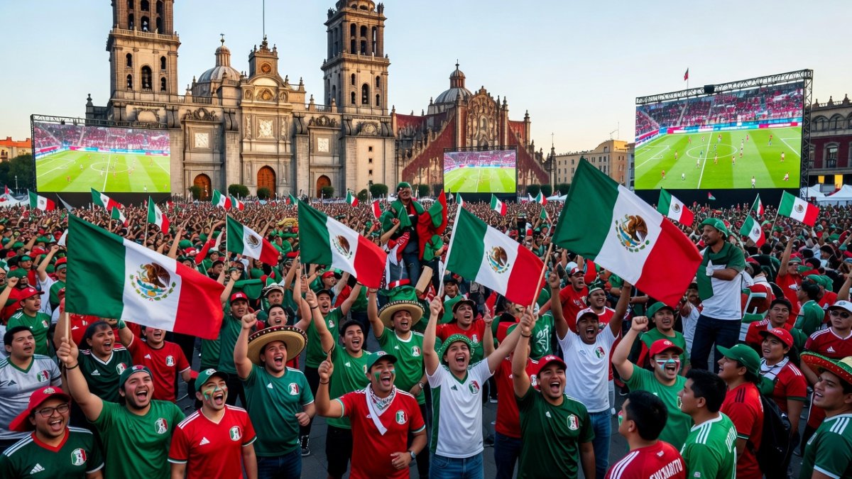 Fans gathering at Zócalo Fan Fest on opening day