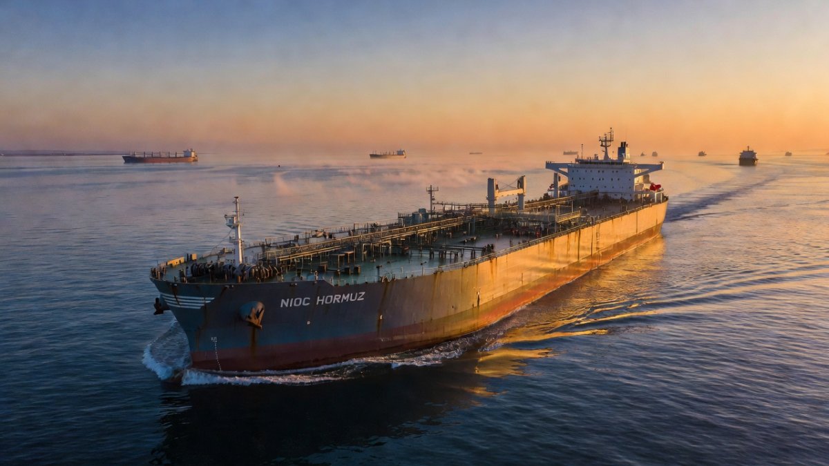 Iranian oil tanker sailing through the Strait of Hormuz, a strategic waterway central to the ceasefire agreement