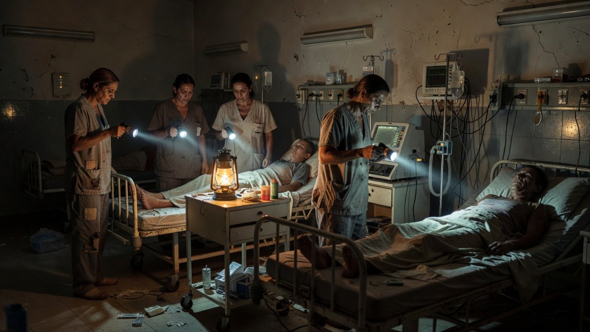 Hospital staff in Venezuela attend to patients by emergency light during power outage