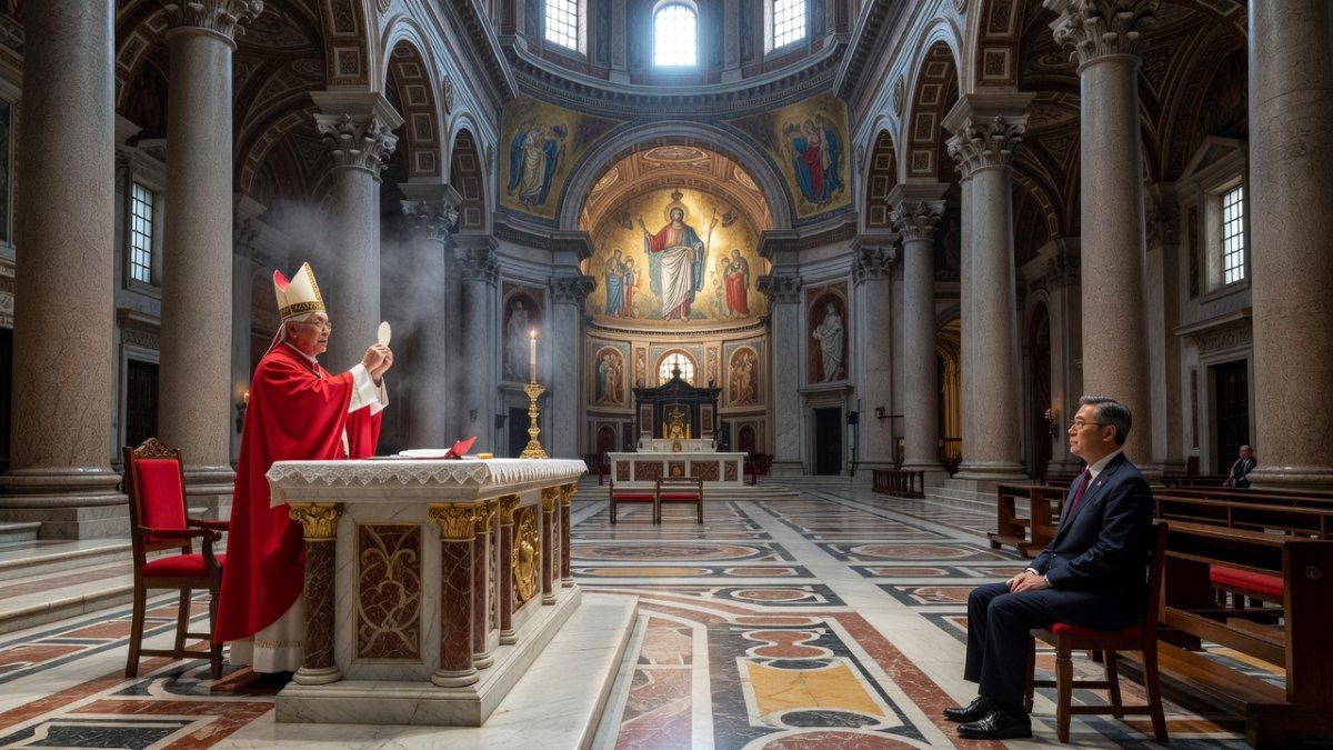 Cardinal Lazzaro You Heung-sik celebrating Mass at the Basilica of Saint Paul Outside the Walls in Rome with President Lee in attendance