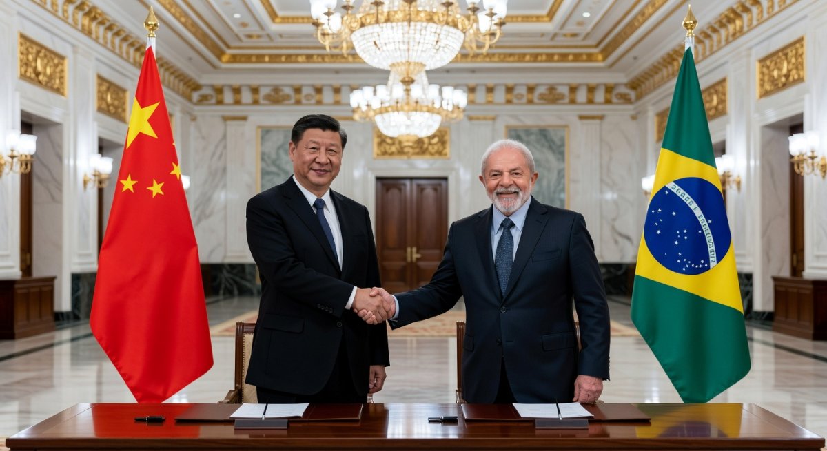 Chinese President Xi Jinping and Brazilian President Luiz Inácio Lula da Silva shake hands during a signing ceremony at the Great Hall of the People in Beijing