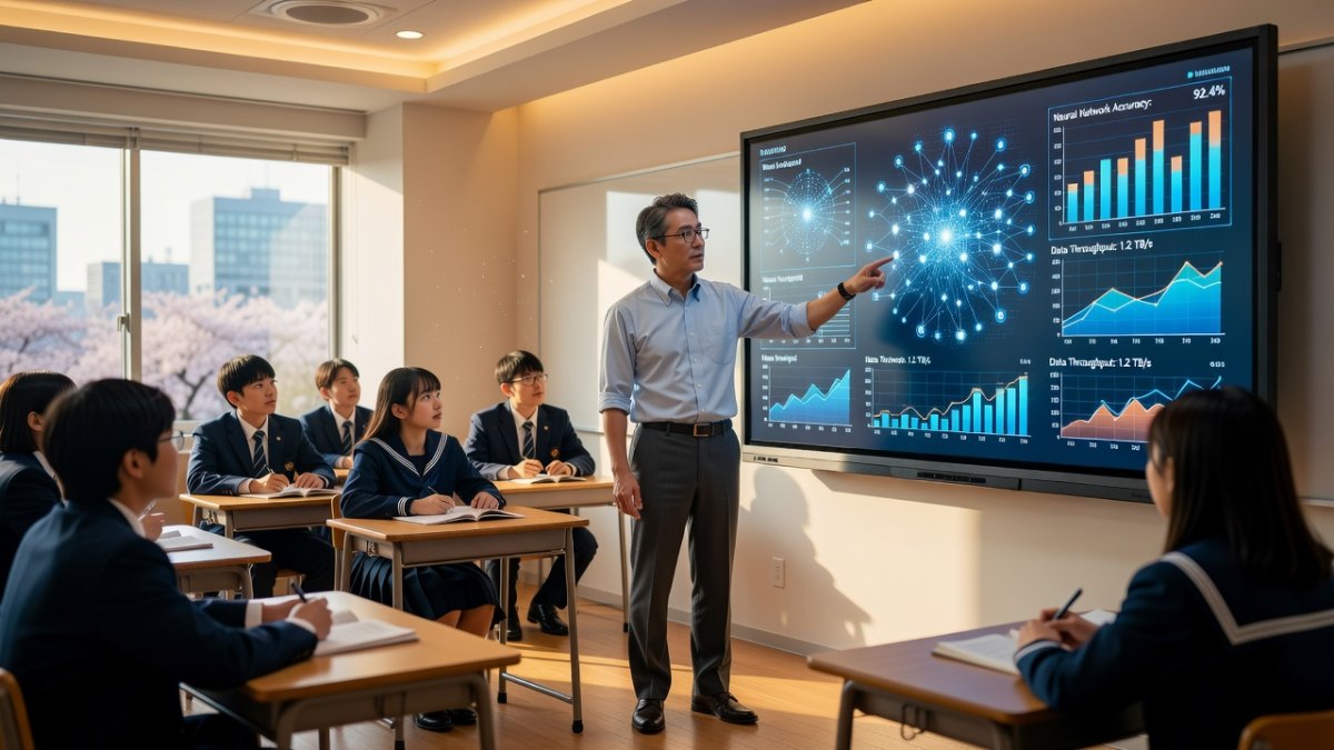 Japanese teacher pointing at AI and data visualization screen in classroom