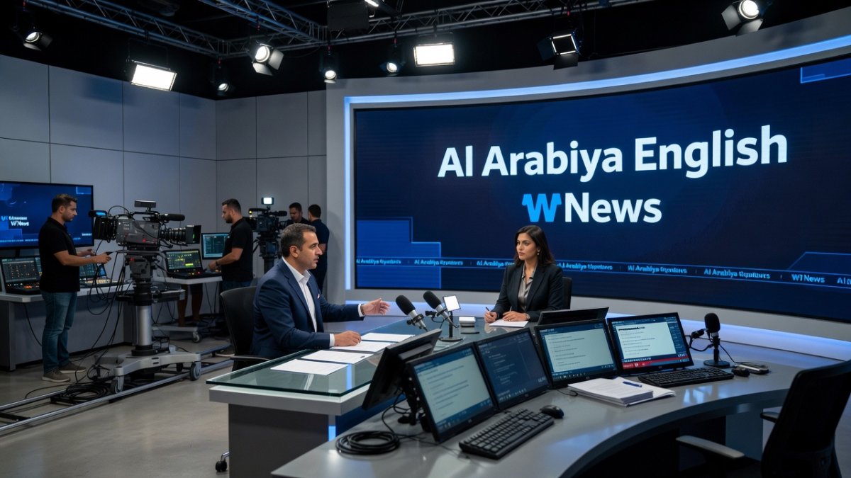 Al Arabiya English W News studio with Jono Hayes during a broadcast