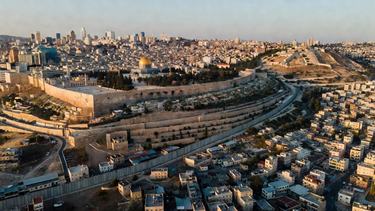 Jerusalem skyline and the West Bank security barrier