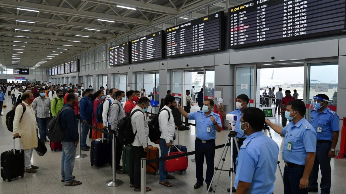 Thermal screening at Delhi international airport arrivals terminal for incoming international passengers