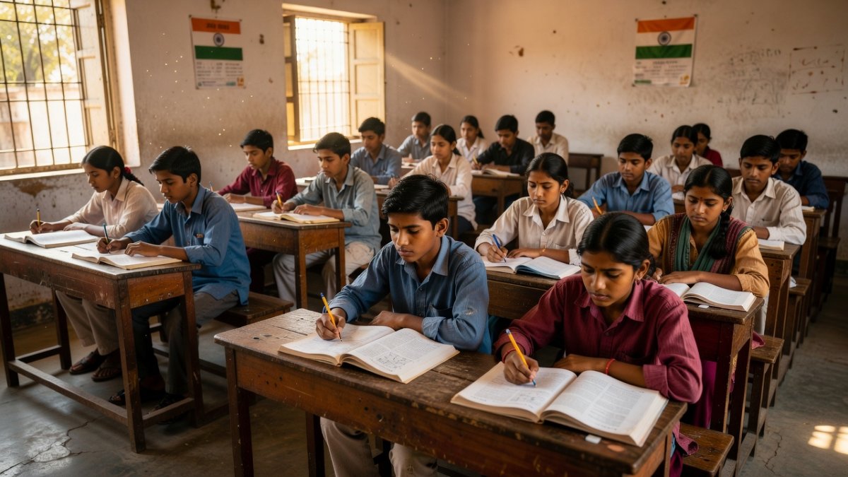 Students studying from NCERT textbooks in a classroom