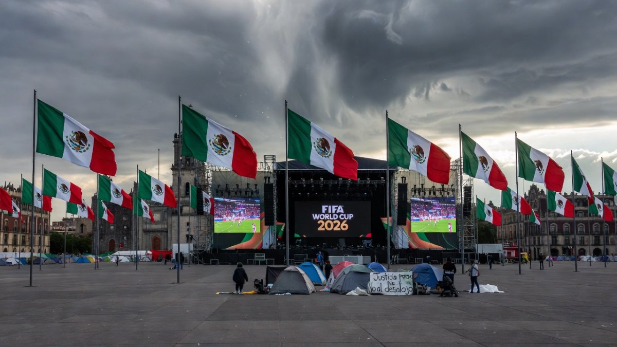 Zócalo main square with World Cup Fan Festival stage and protest presence