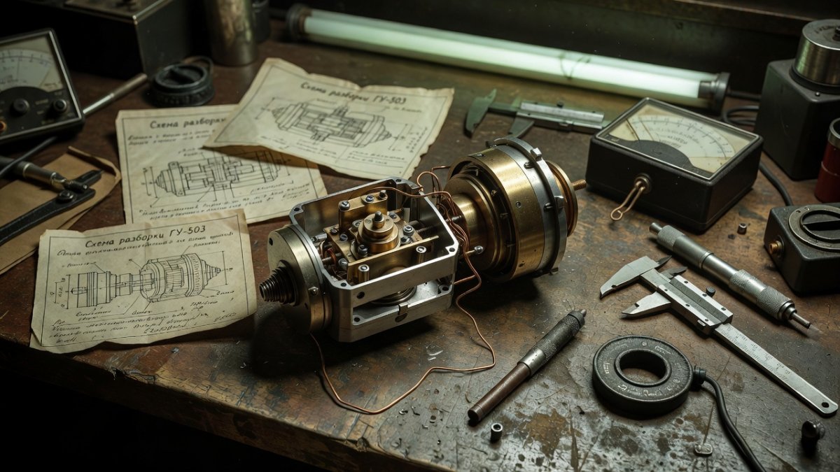 Close-up of Soviet-era GU-503 gyroscope component dismantled on workbench