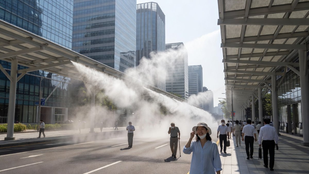 Seoul urban cooling canopy and fog system on city street