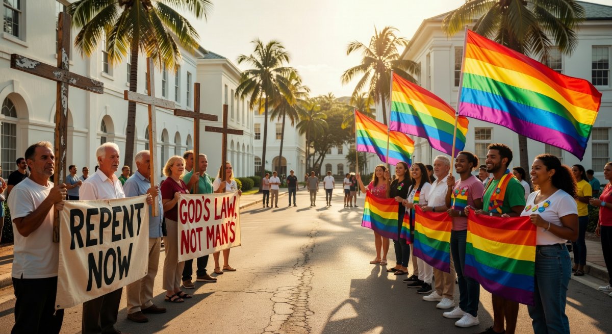 Religious protesters and Pride Bahamas supporters face off on University Drive outside the University of The Bahamas in Nassau, October 2025