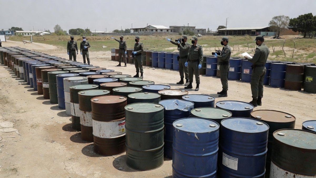 Seized chemical drums and barrels lined up after the major drug precursor raid in Thailand