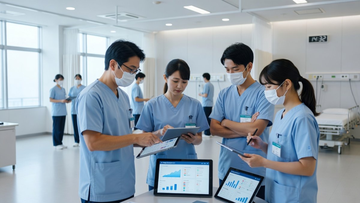 Japanese hospital emergency department with AI triage support systems