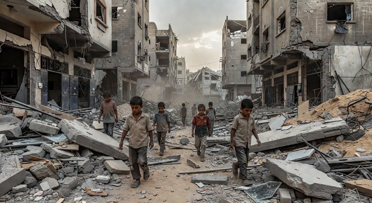 Destruction in Gaza City with damaged buildings and displaced families navigating through rubble