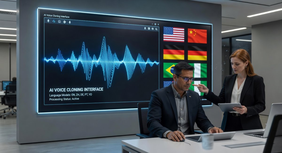 AI voice cloning interface with waveform visualization