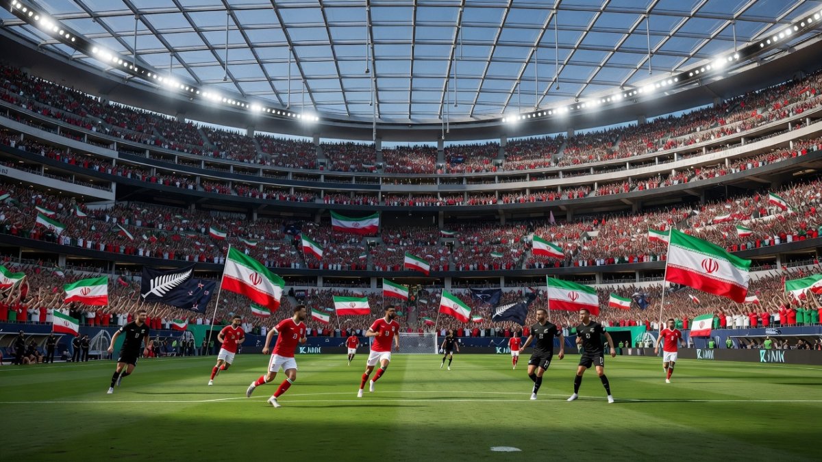 Iran fans celebrating at SoFi Stadium during the World Cup match against New Zealand