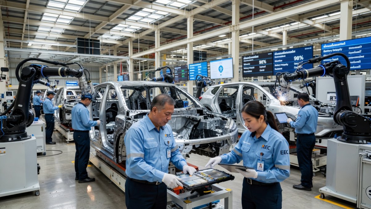 Modern electric vehicle manufacturing facility in Thailand's Eastern Economic Corridor with Thai workers and robotic assembly