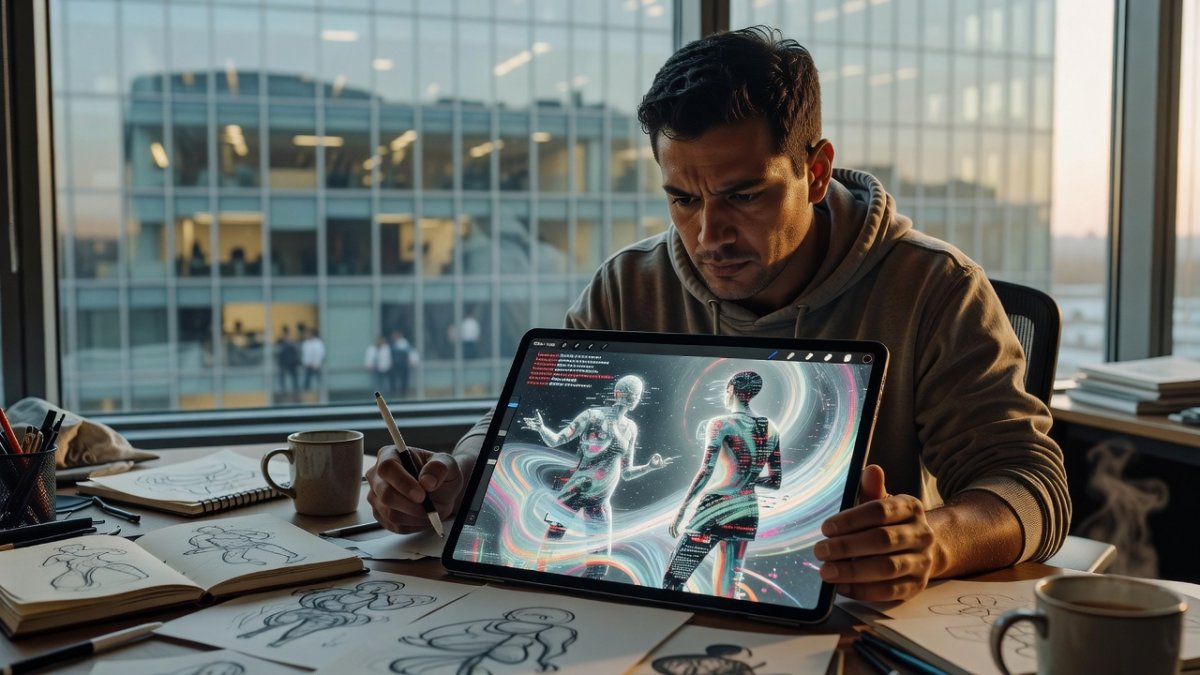 Digital artist creating AI artwork on tablet