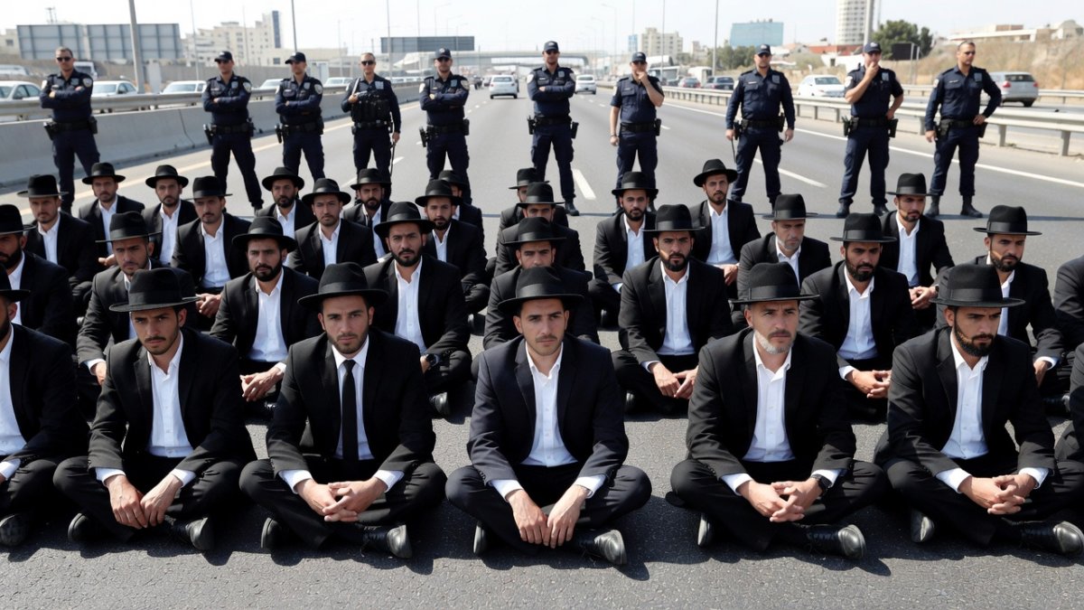 Haredi protesters sitting on a major Israeli highway during a draft protest, causing gridlock