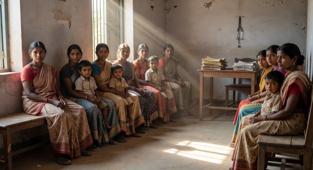 Women and children waiting for health screening at a government health centre in rural India