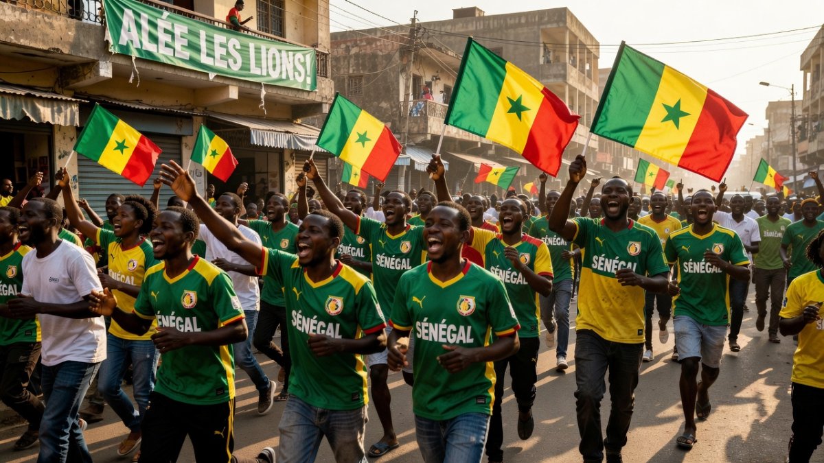 Senegalese football fans celebrating in Dakar wearing Teranga Lions jerseys