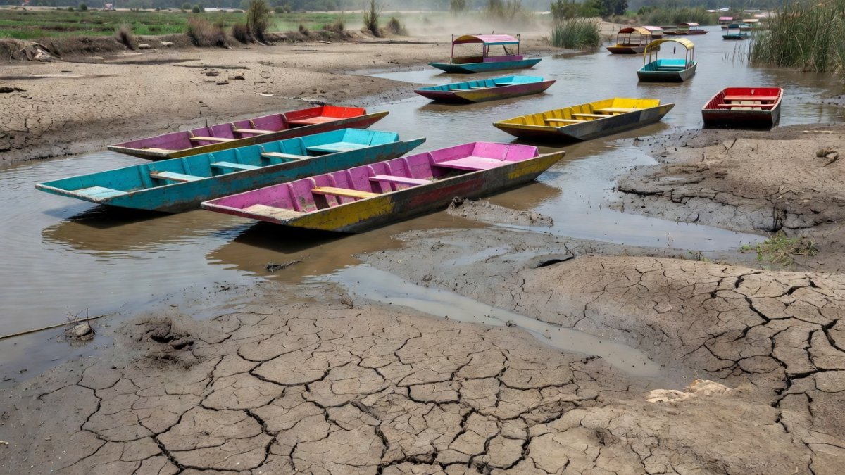 Drying canals of Xochimilco showing cracked earth and diminished water levels in the UNESCO World Heritage site