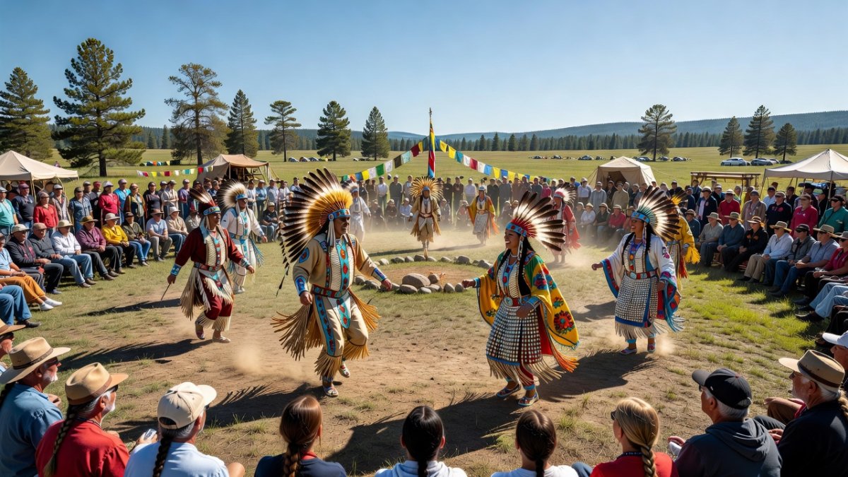 Summer solstice Indigenous festival with traditional dancers and community gathering