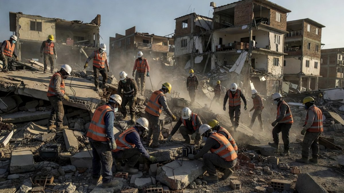International rescue workers searching through collapsed buildings in La Guaira, Venezuela
