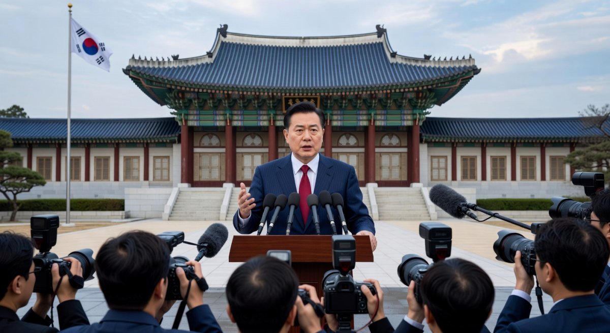 South Korean President Lee Jae-myung speaking at a press conference at Cheong Wa Dae