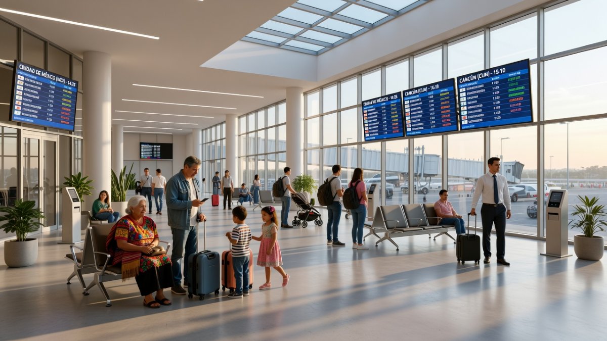 Modern airport terminal interior in Mexico with travelers
