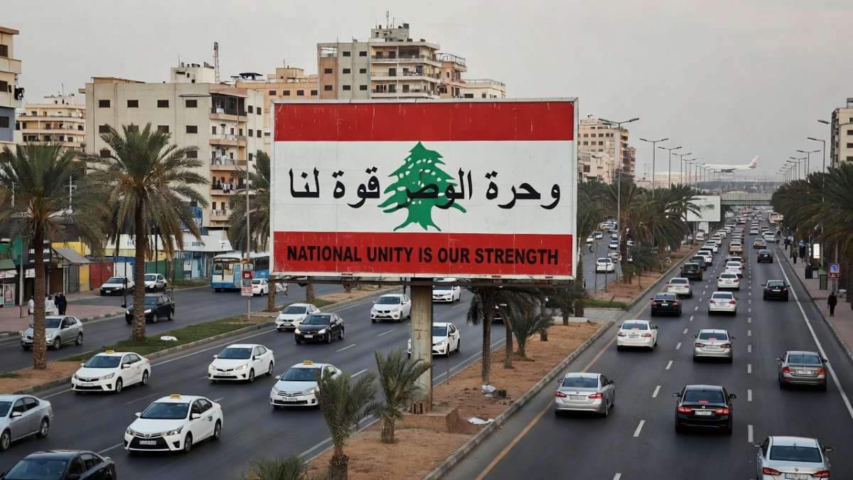 Lebanese flag on Lebanon First billboard before defacement