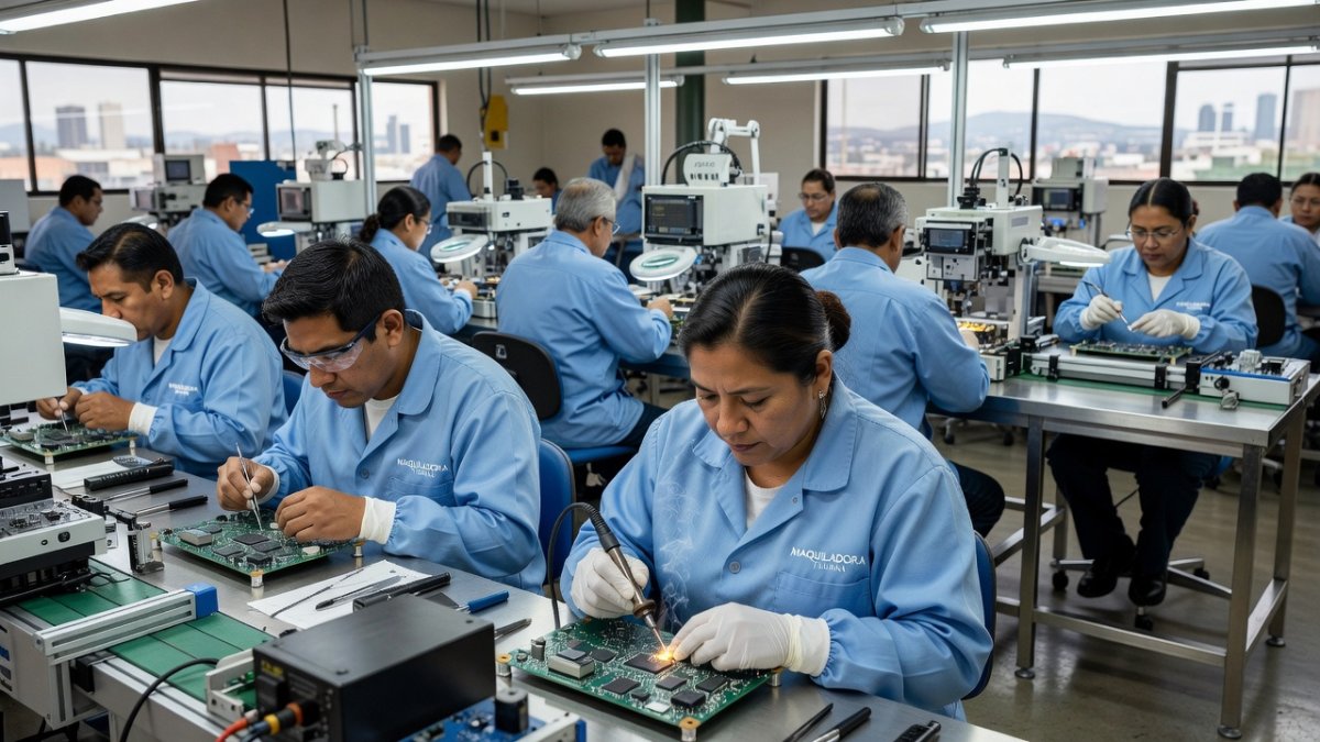 Mexican maquiladora workers in Tijuana assembling products in a modern factory