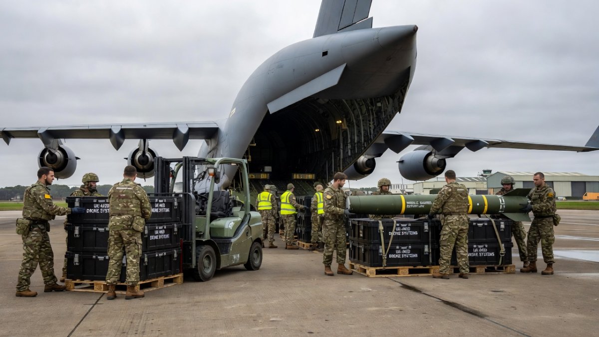 UK-manufactured drones at RAF Brize Norton for shipment to Ukraine, June 2026 (Global 1 News)