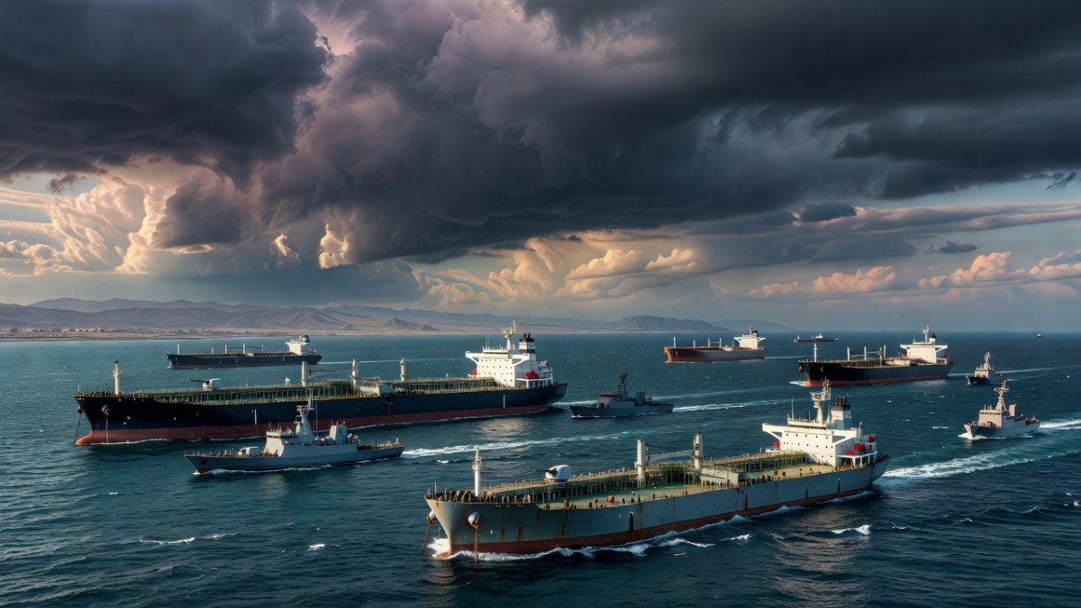 Oil tankers and military vessels in the Strait of Hormuz, a critical chokepoint for global energy markets