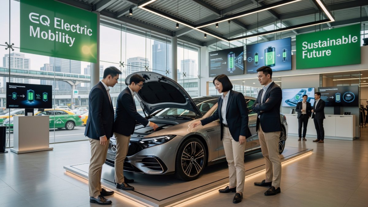 Young Thai professionals exploring EV technology at Mercedes-Benz showroom in Bangkok