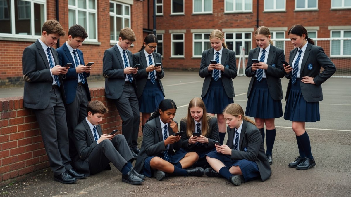 Schoolchildren using smartphones in a UK playground